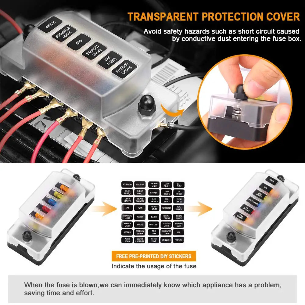 DaierTek 6 Way Fuse Block 12V 24V Blade Fuse Box with Negative Bus