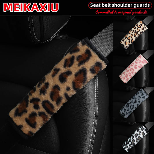 Leopard Print Plush Seat Belt Shoulder Pad Covers Soft Comfort Safety Belt Protectors