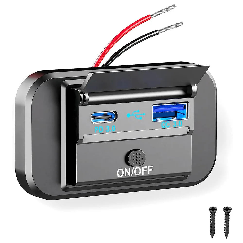 12V-24V Dual USB Car Charger Socket QC3.0 PD Fast Charge ON/OFF Switch RV