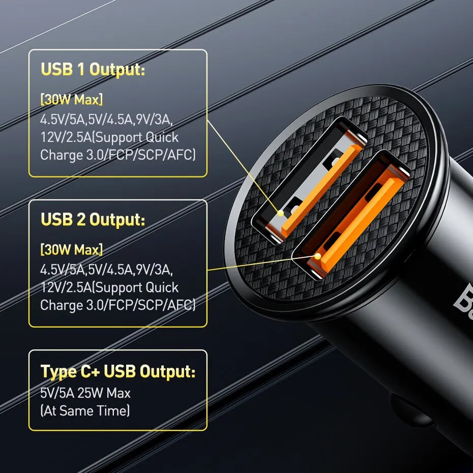Baseus 30W USB Car Charger PD QC Fast Charge Adapter for iPhone Xiaomi