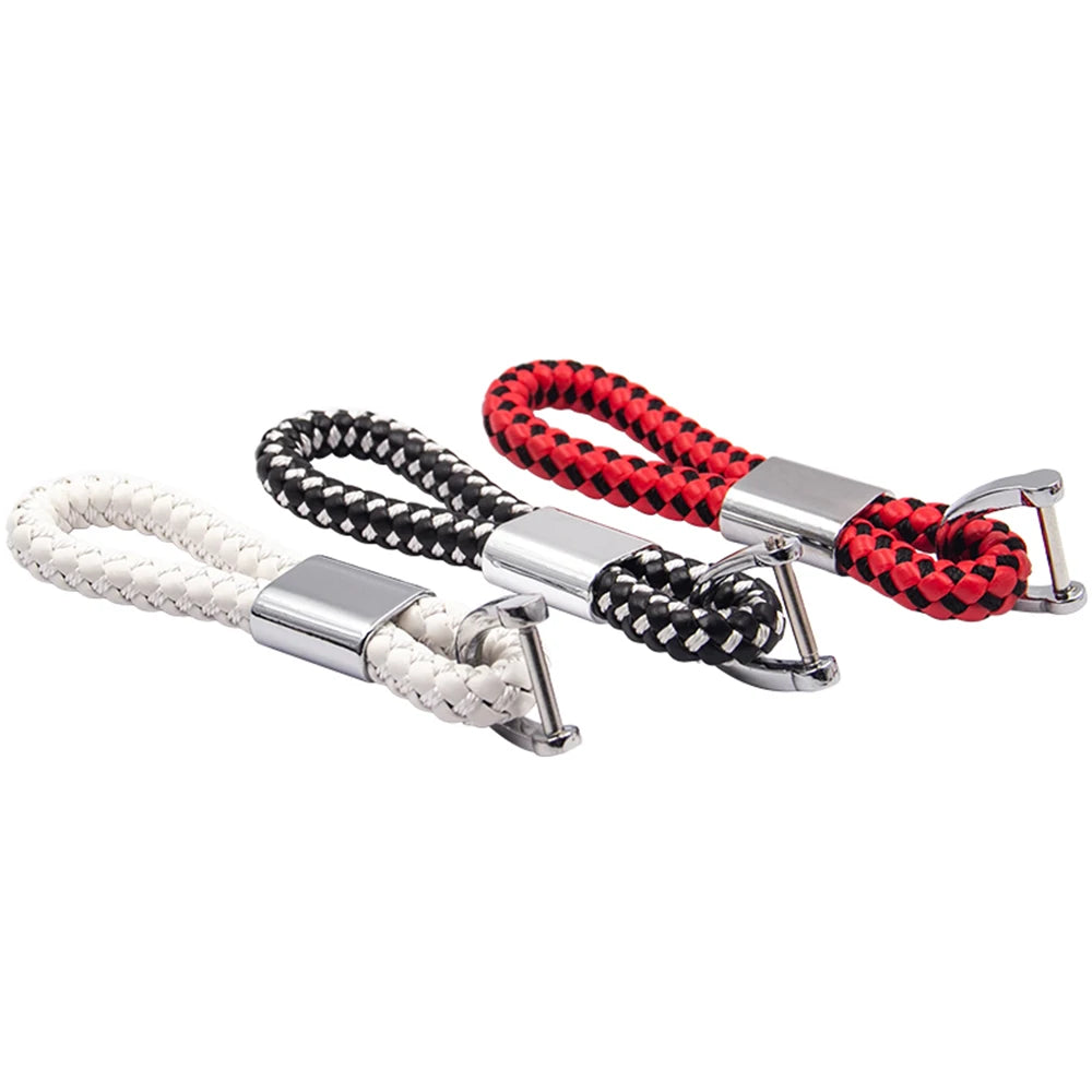 Hand-Woven Leather Car Keychain with Horseshoe Buckle