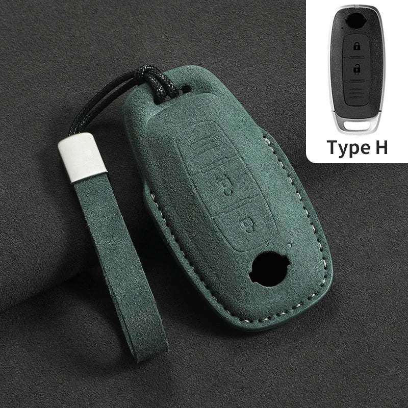 3-Button Suede Smart Key Case Cover with Keyring for Nissan Qashqai X-Trail