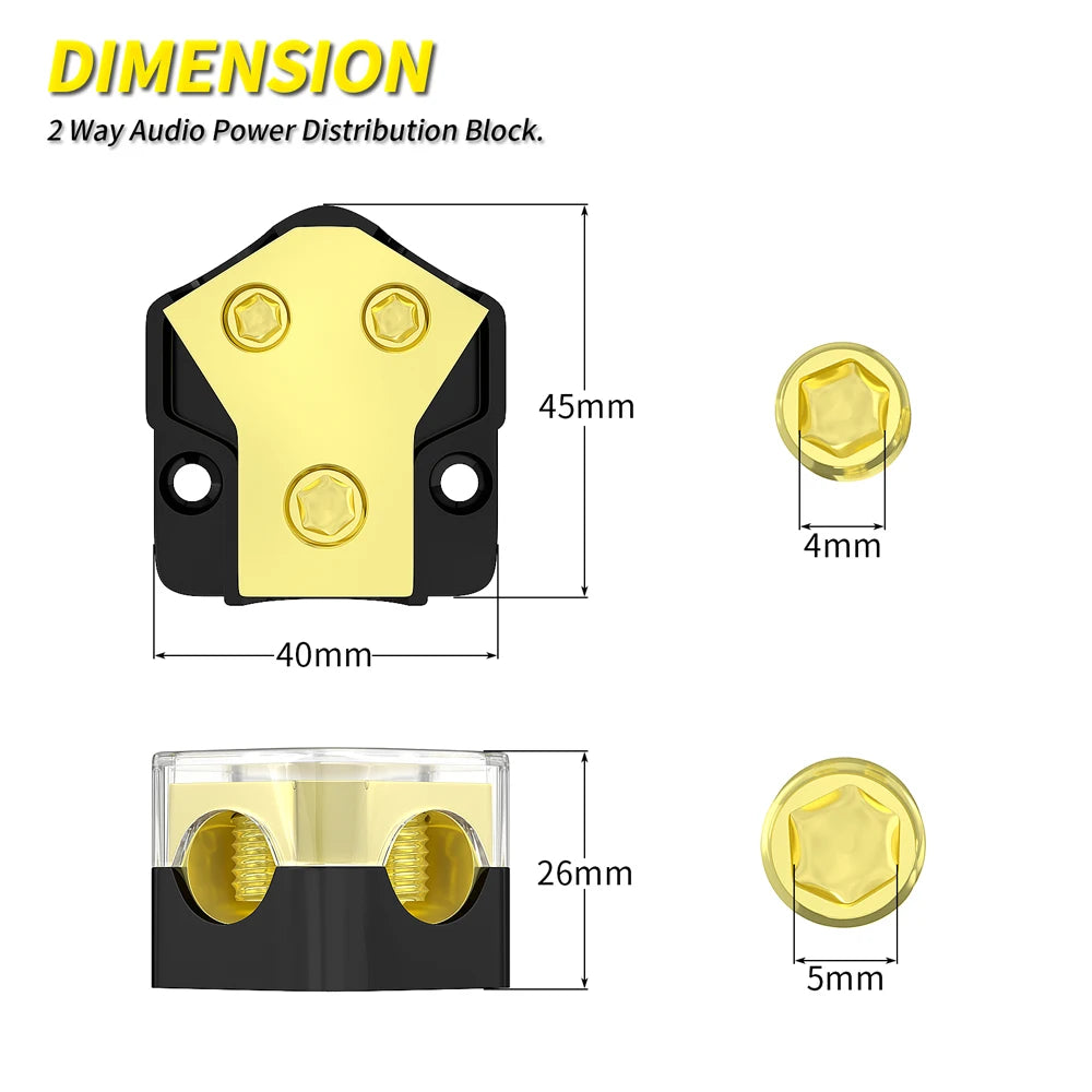 2 Way Power Distribution Block 0/2/4 AWG In 4/8/10 AWG Out Car Audio Amp