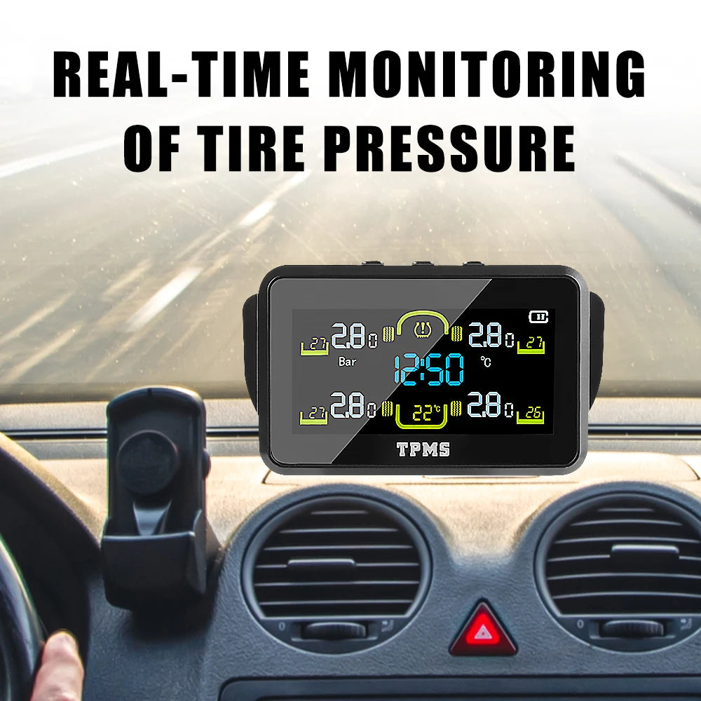 Solar TPMS Tire Pressure Monitor T14-1 4 External Sensors Temperature Warning