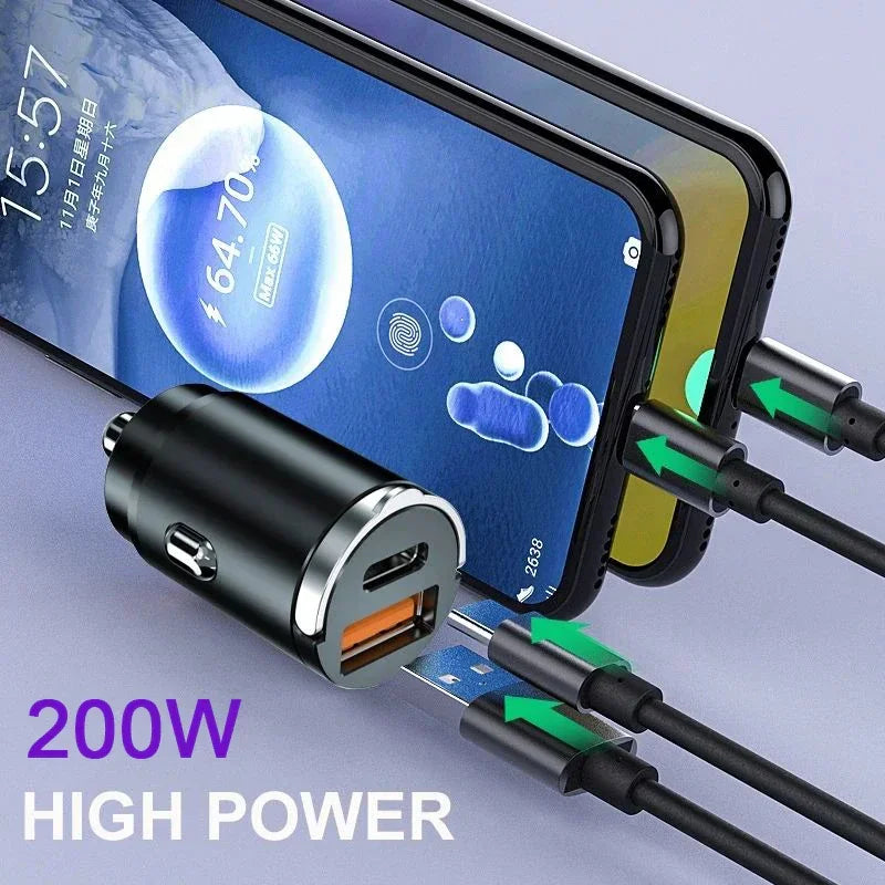 100W 200W QC3.0 PD Car Charger 2 Port USB-C 12-24V Fast Charging Adapter