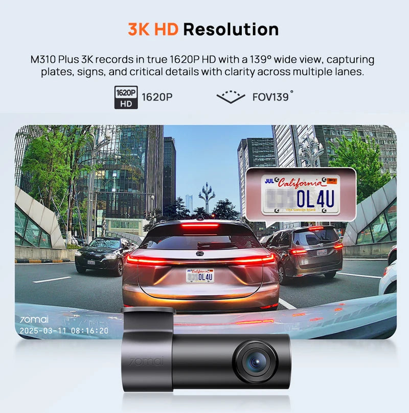 70mai M310 Plus 3K Dash Cam 1620P Car DVR with WDR, Voice Control, 139°