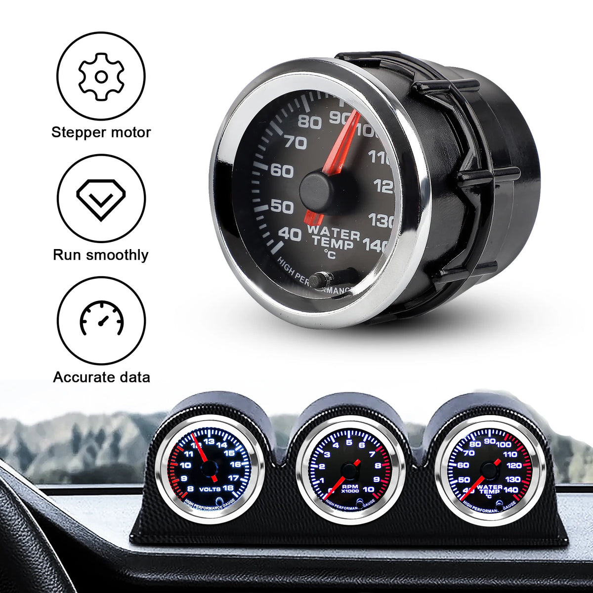 52mm 12V Water Temp Gauge 40-140°C 7 Color LED Pointer Stepper Motor Meter