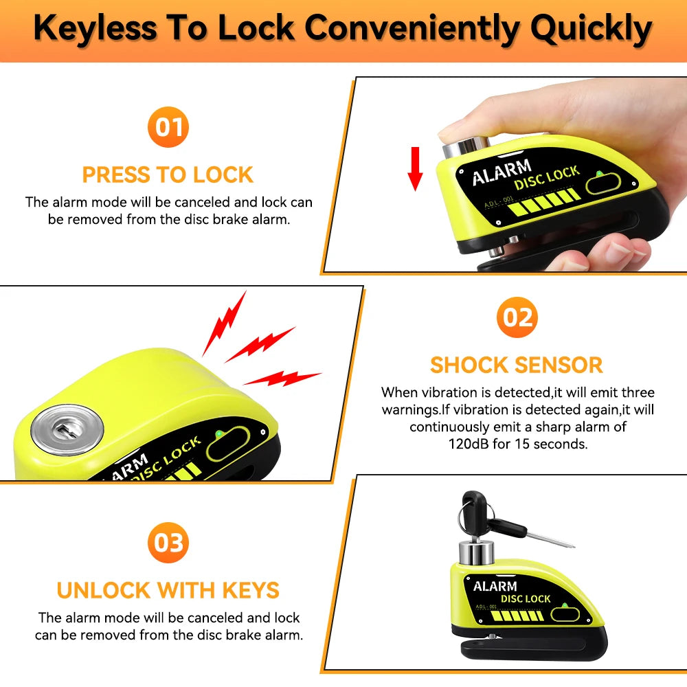 Motorcycle Alarm Disc Brake Lock 120dB Anti Theft Wheel Lock Scooter Bicycle