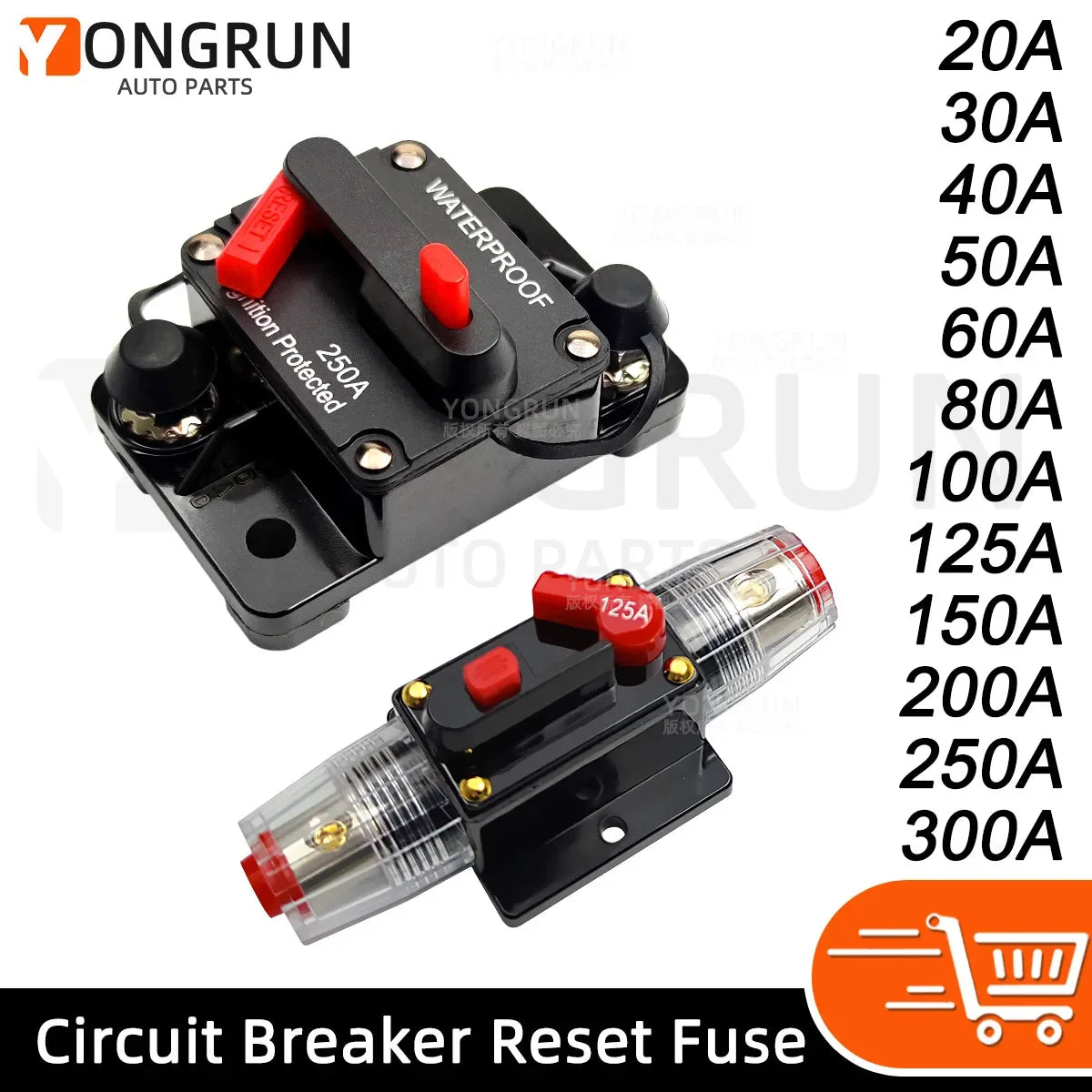 Circuit Breaker 20A–300A Manual Reset for Car Audio System 12V- 48V DC 40A 60A