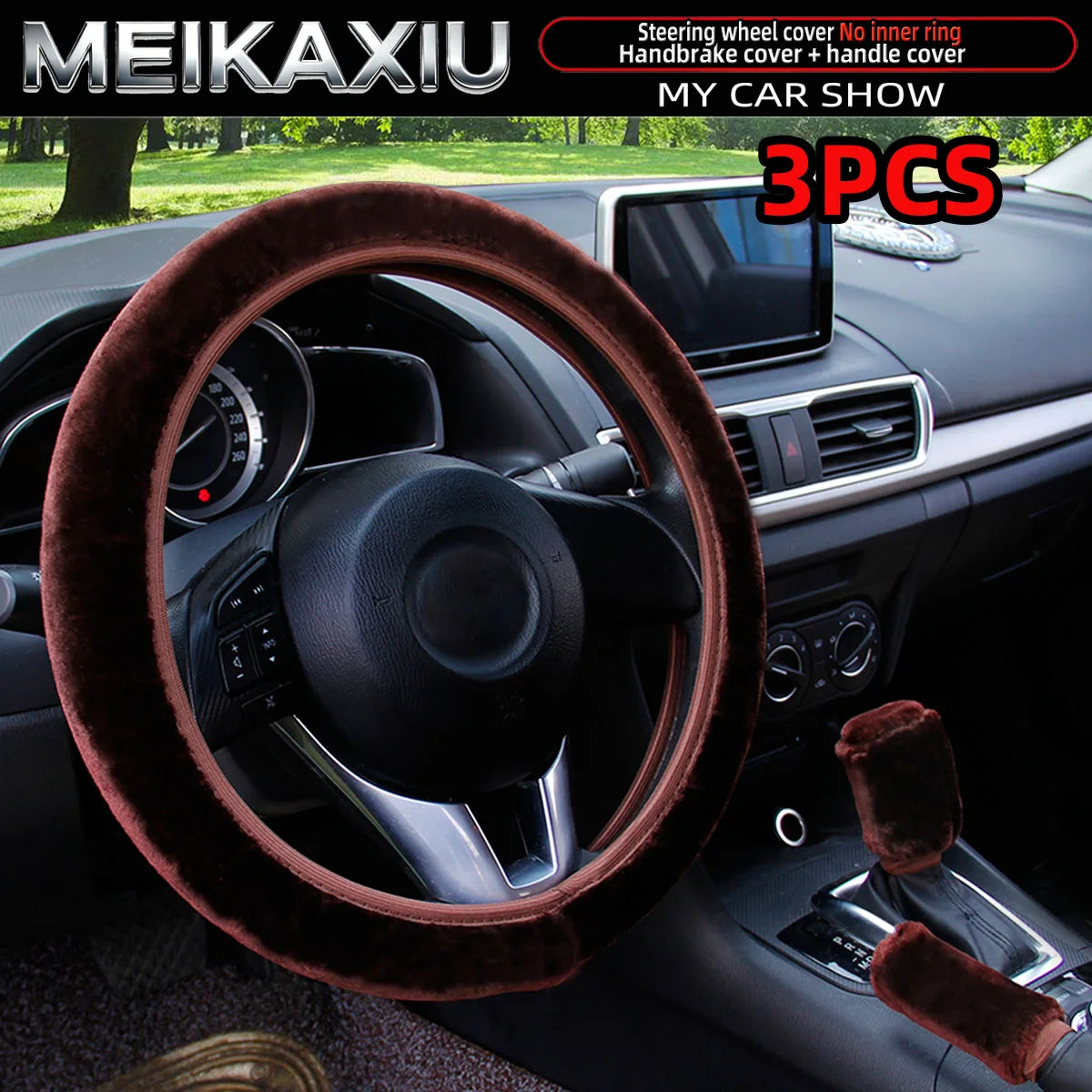 3PCS Winter Plush Car Interior Cover Set Steering Wheel Gear Shift Handbrake Cover
