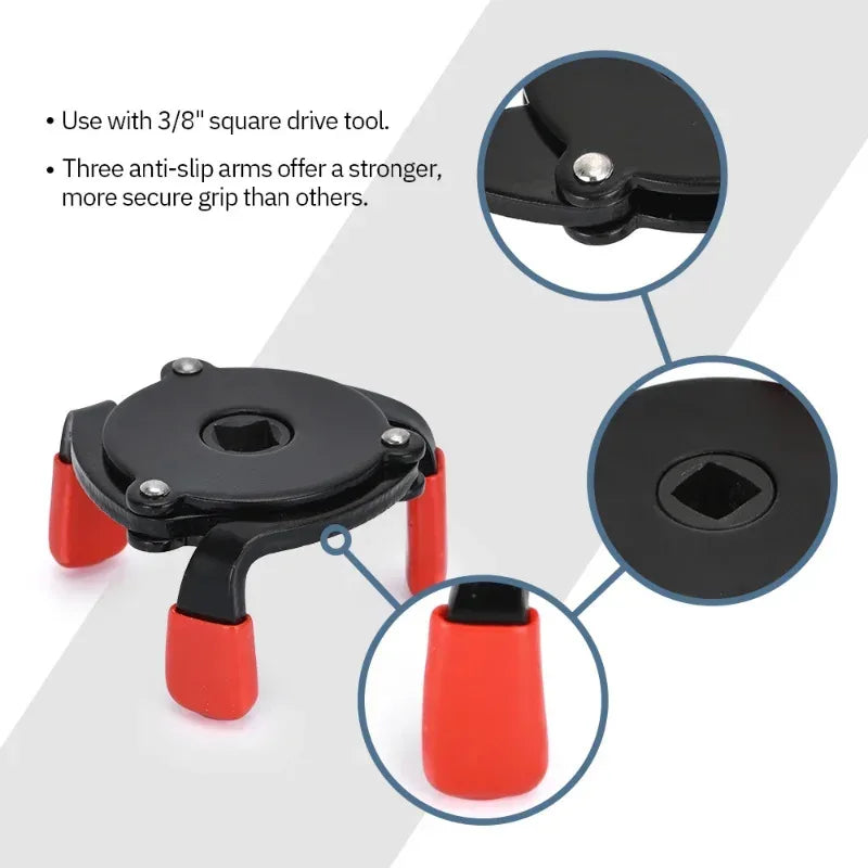 3 Jaw Oil Filter Wrench 60-95mm Adjustable 3/8in Drive Car Repair Tool