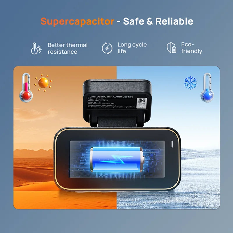 70mai A810 Lite 4K HDR Dash Cam with 1080P Rear Camera Wi-Fi 6 GPS Car DVR