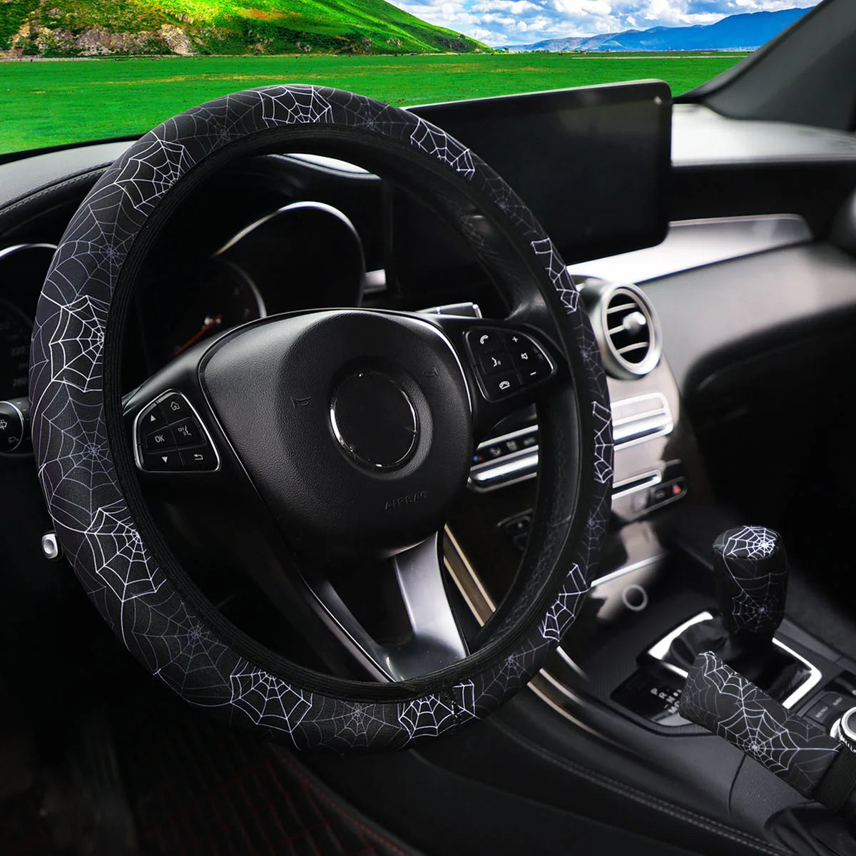 3PCS Fabric Checker Flower & Spider Web Car Interior Cover Set Steering Wheel