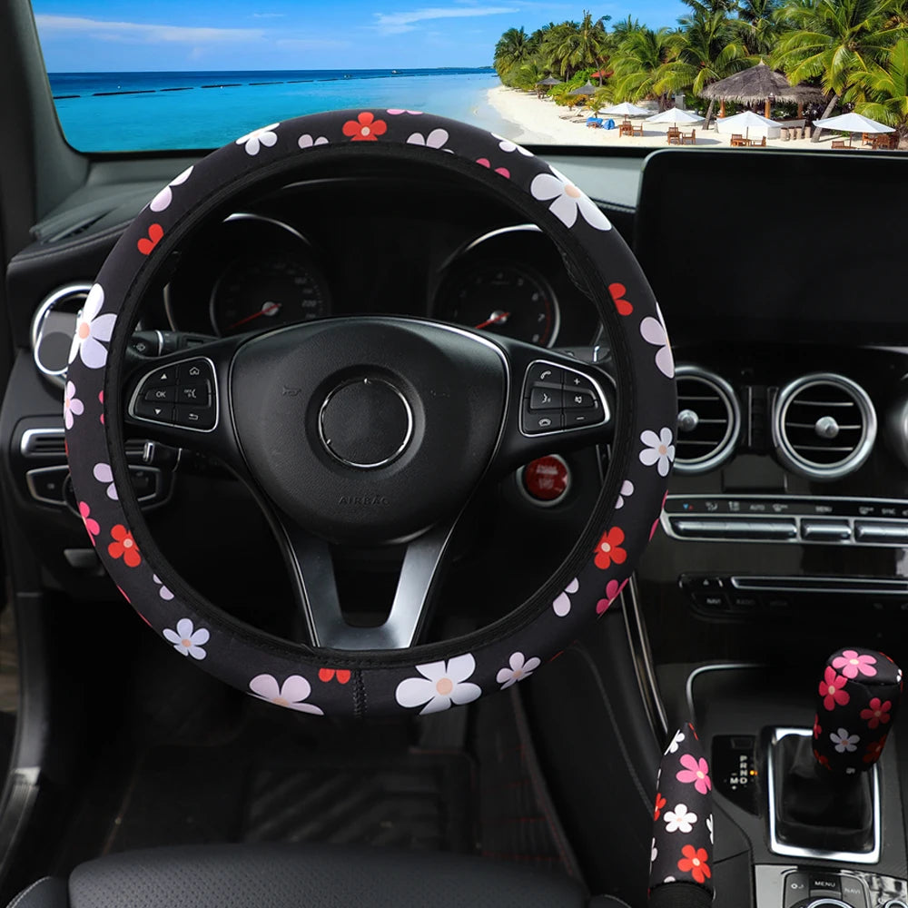 3PCS Fabric Checker Flower & Spider Web Car Interior Cover Set Steering Wheel