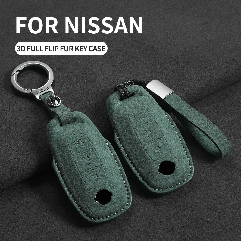 3-Button Suede Smart Key Case Cover with Keyring for Nissan Qashqai X-Trail