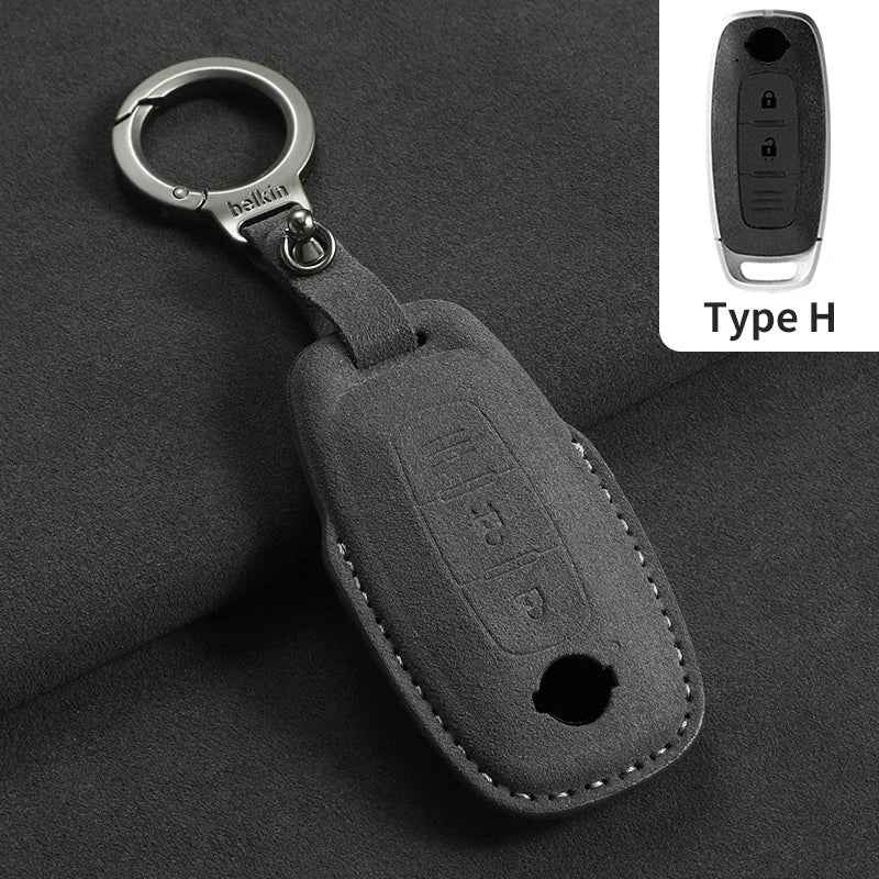 3-Button Suede Smart Key Case Cover with Keyring for Nissan Qashqai X-Trail