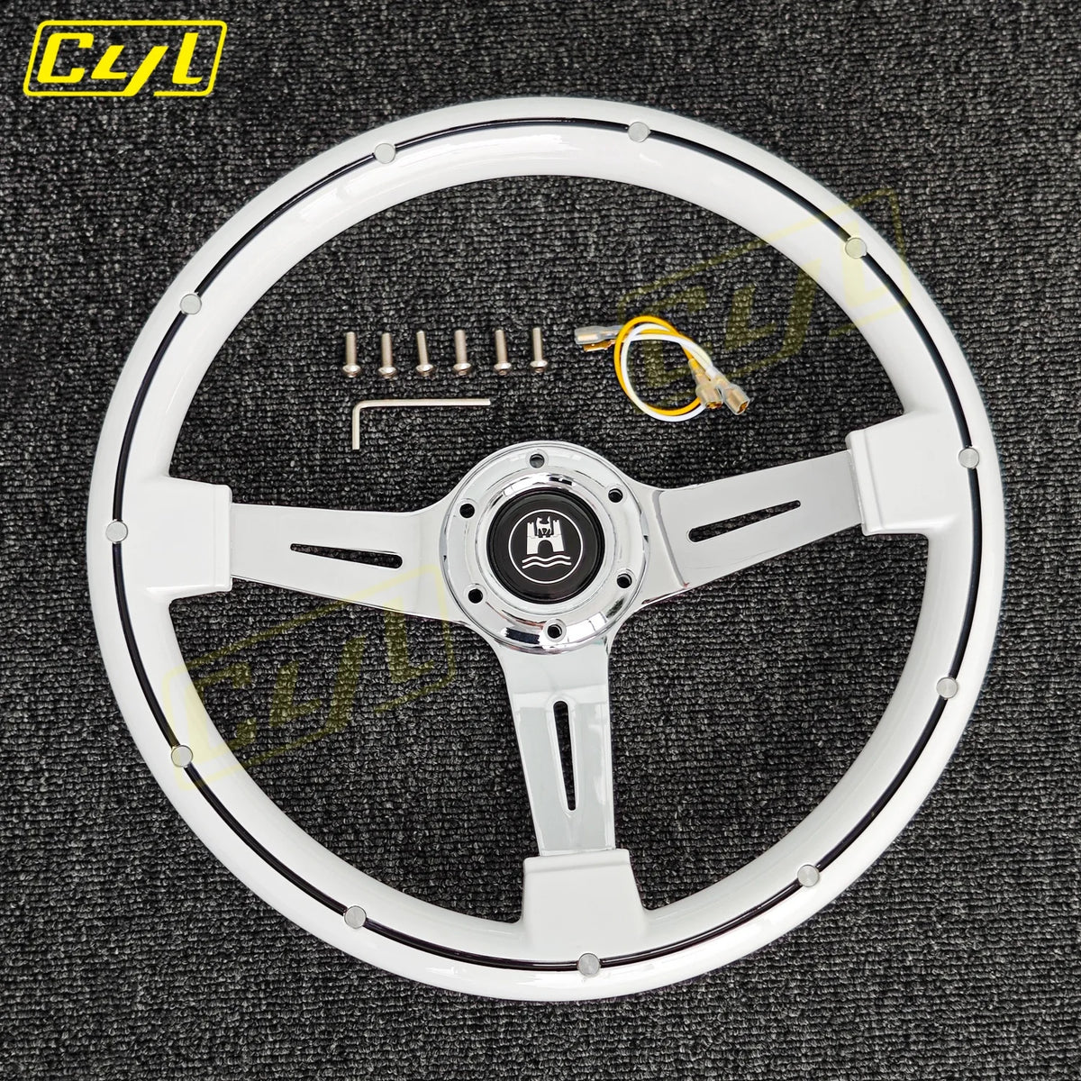 14" White Deep Dish Steering Wheel Chrome Spoke Racing Drift Wheel Rivets