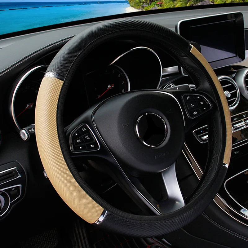 38CM Universal PU Leather Steering Wheel Cover with Sport Stripe Elastic Non-Slip