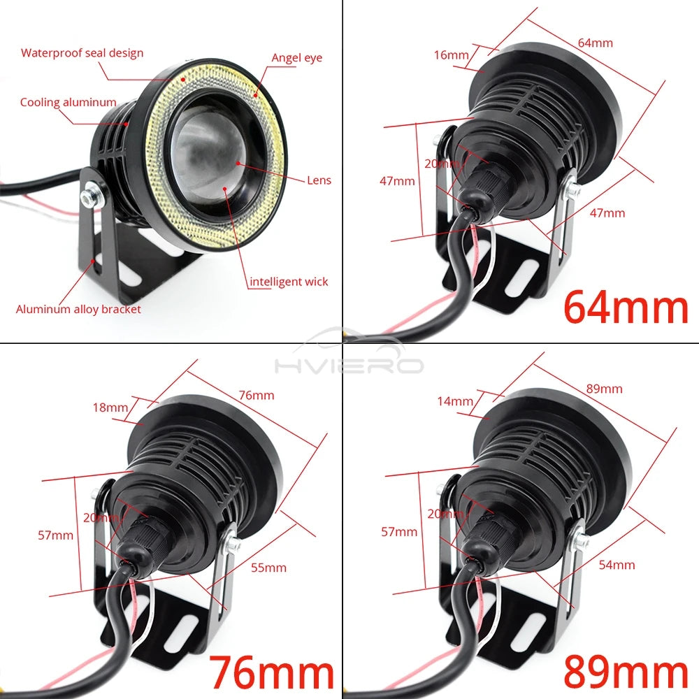 2Pcs 30W COB Angel Eye DRL Fog Lights 64/76/89mm Waterproof 12V Car Lamp