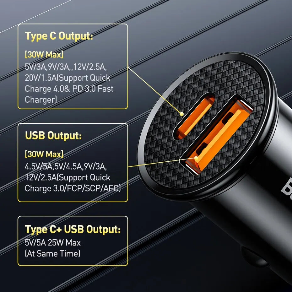 Baseus 30W USB Car Charger PD QC Fast Charge Adapter for iPhone Xiaomi