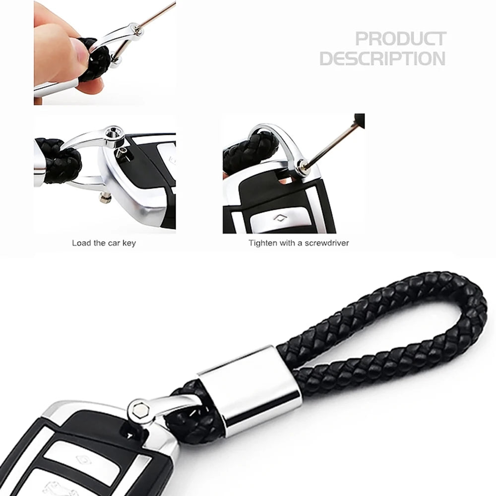 Hand-Woven Leather Car Keychain with Horseshoe Buckle