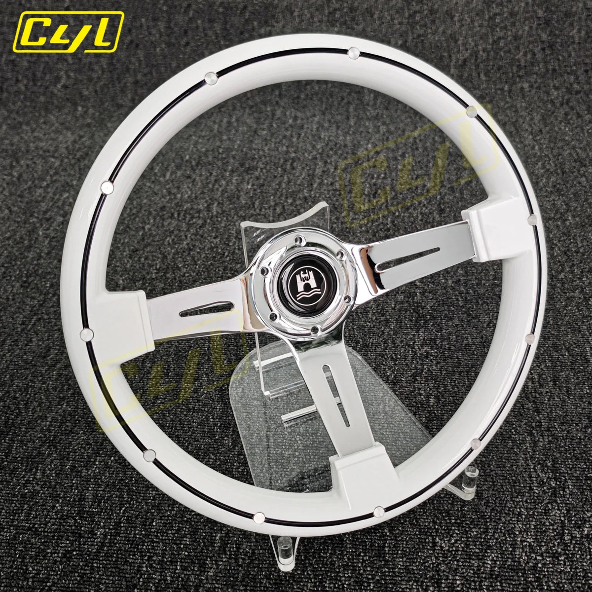 14" White Deep Dish Steering Wheel Chrome Spoke Racing Drift Wheel Rivets