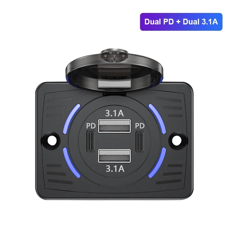 12V-24V Dual USB Car Charger Socket QC3.0 PD 3.1A 2.1A Panel Outlet RV