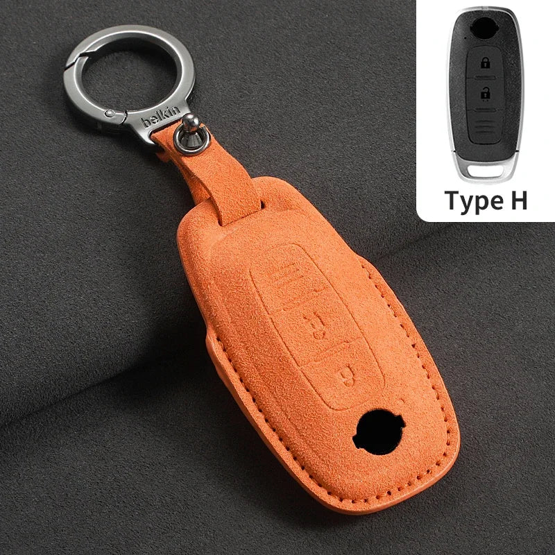 3-Button Suede Smart Key Case Cover with Keyring for Nissan Qashqai X-Trail