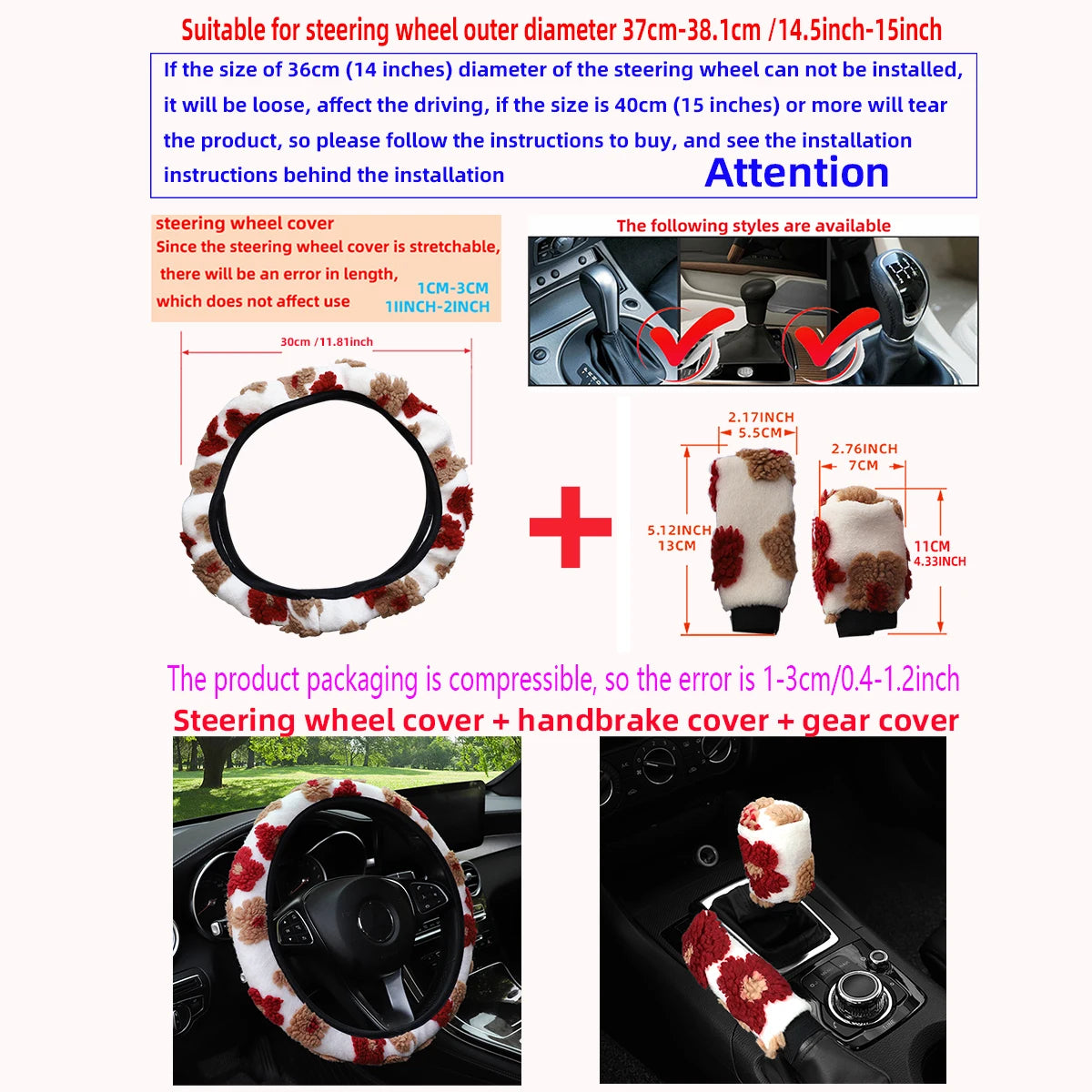 6PCS Plush Flower Car Interior Accessory Set Steering Wheel Cover Seat Belt Pads