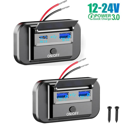12V-24V Dual USB Car Charger Socket QC3.0 PD Fast Charge ON/OFF Switch RV