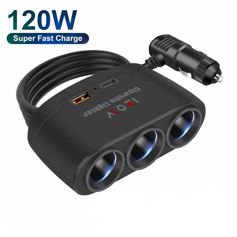3-in-1 120W USB Type-C Car Charger Cigarette Lighter Socket Splitter 12V 24V