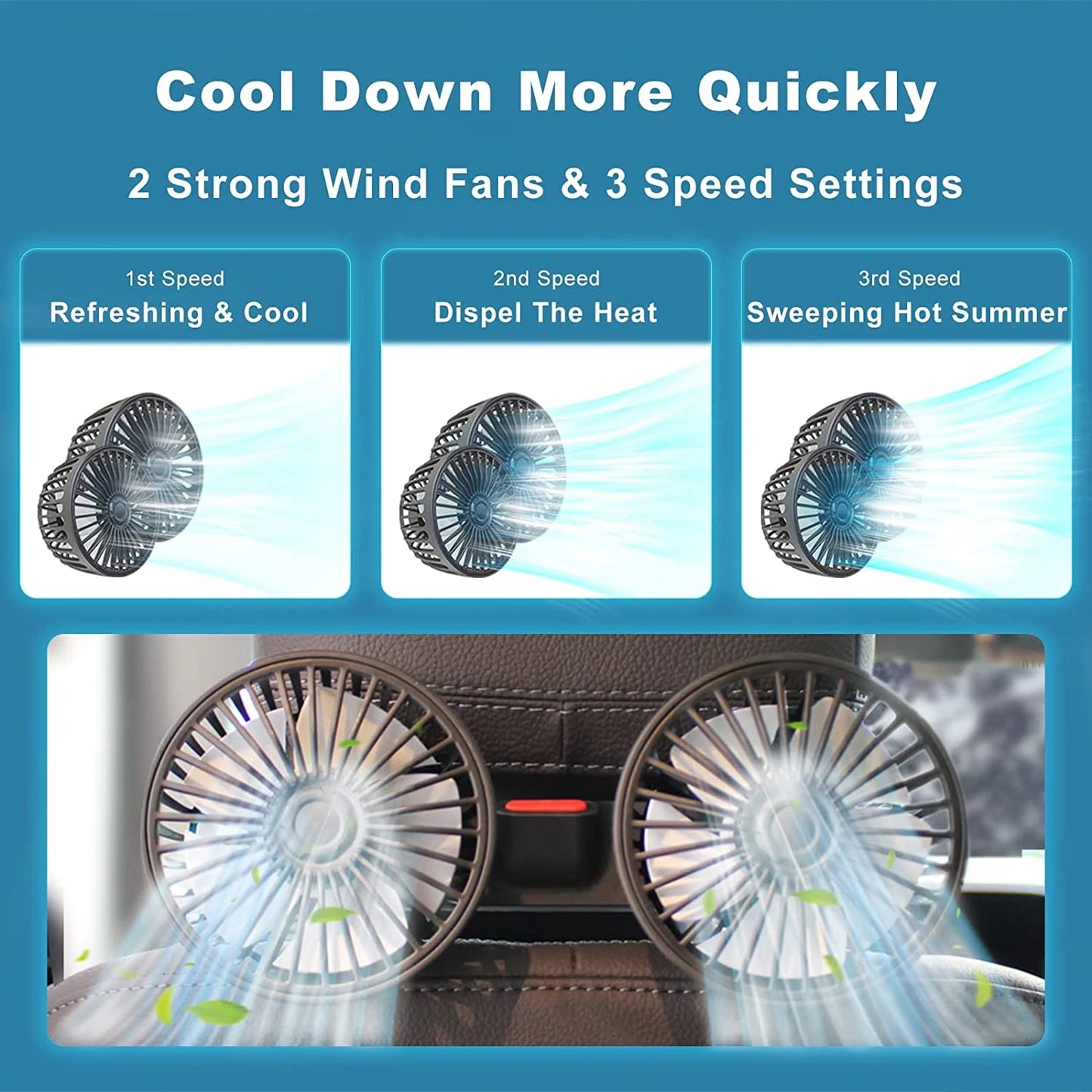 360° Dual Head Car Seat Fan 3 Speed USB Rechargeable Adjustable Cooling