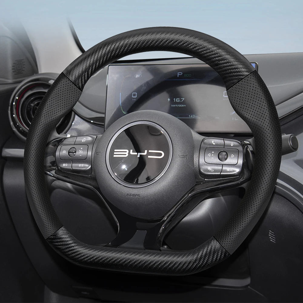 Leather Carbon Fiber Steering Wheel Cover for BYD Breathable Matte Universal Fit