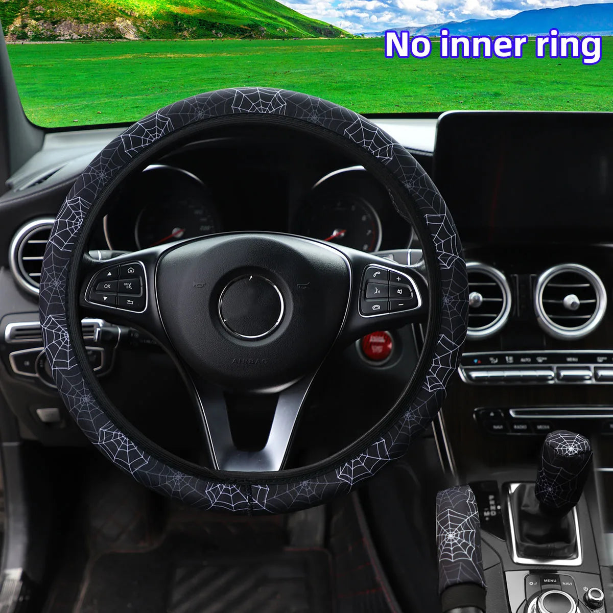 3PCS Fabric Checker Flower & Spider Web Car Interior Cover Set Steering Wheel
