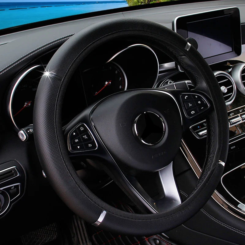38CM Universal PU Leather Steering Wheel Cover with Sport Stripe Elastic Non-Slip