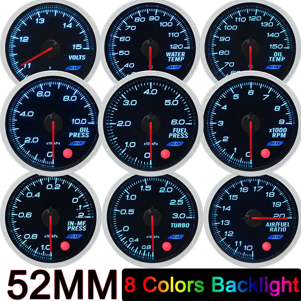 52mm 12V 8 Color Car Gauge Water Oil Temp Pressure EGT Boost Tachometer Meter