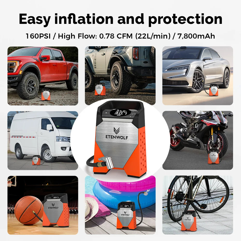 Portable Tire Inflator 160 PSI 7800mAh Car Air Compressor 100% Duty Cycle