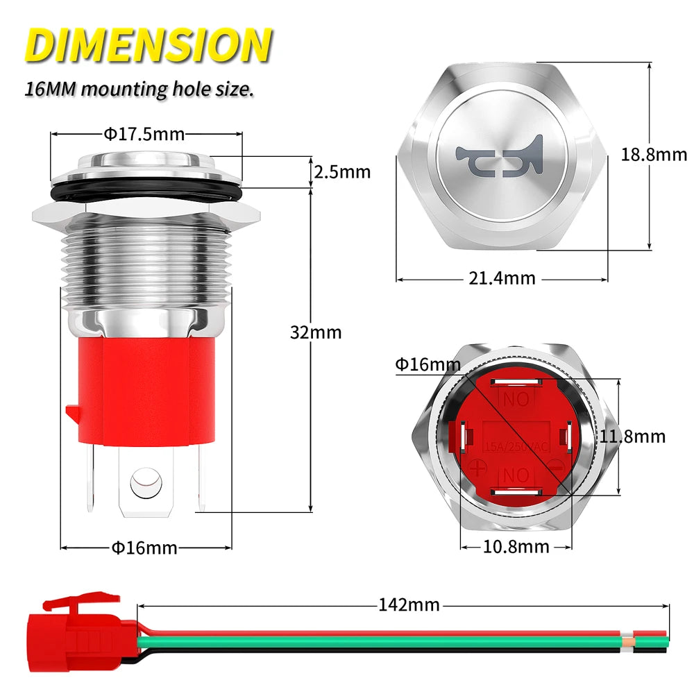 DaierTek 16mm Metal Horn Button Switch 12V 20A Blue LED Momentary