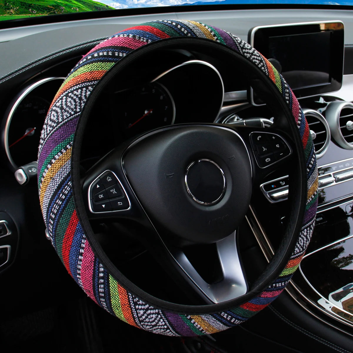14.5-15 Inch Bohemian Linen Steering Wheel Cover Universal Breathable Non-Slip