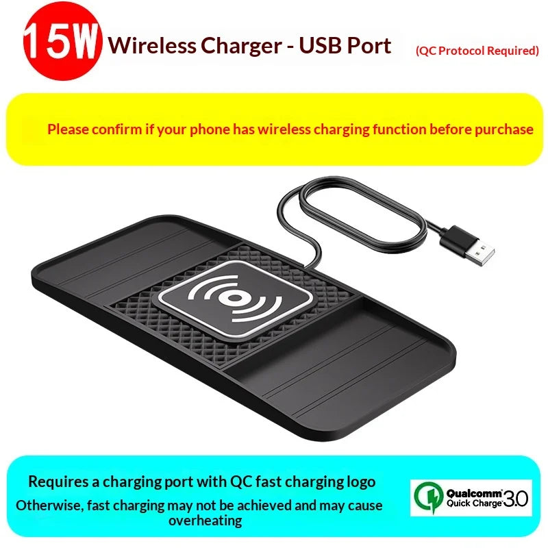 15W Fast Wireless Car Charger Pad Non-Slip Rubber Mat USB Powered Phone Pad
