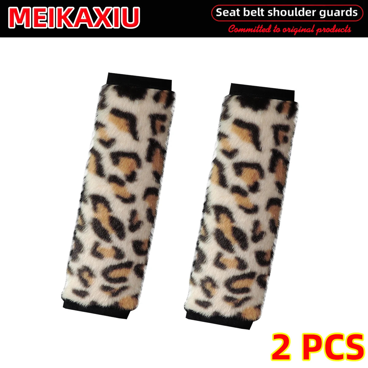 Leopard Print Plush Seat Belt Shoulder Pad Covers Soft Comfort Safety Belt Protectors