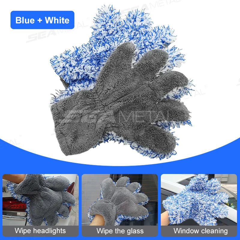 SEAMETAL 5 Finger Car Wash Glove Double Sided Plush Coral Cleaning Mitt