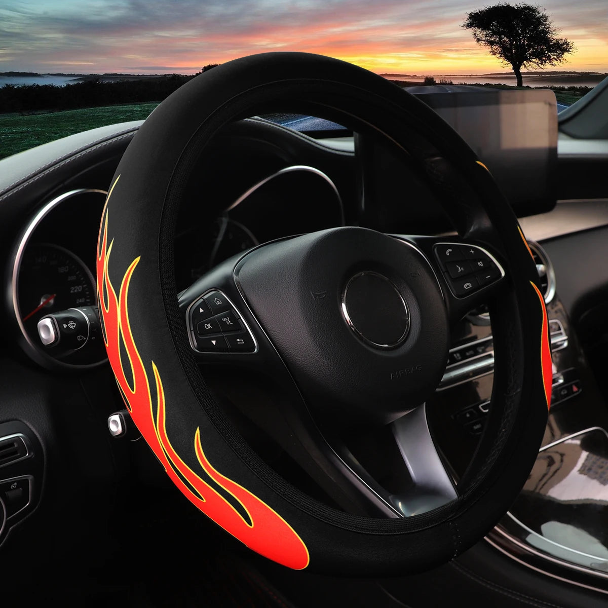 Flame Fabric Steering Wheel Cover – Universal Non-Slip Waterproof 14.5–15 Inch