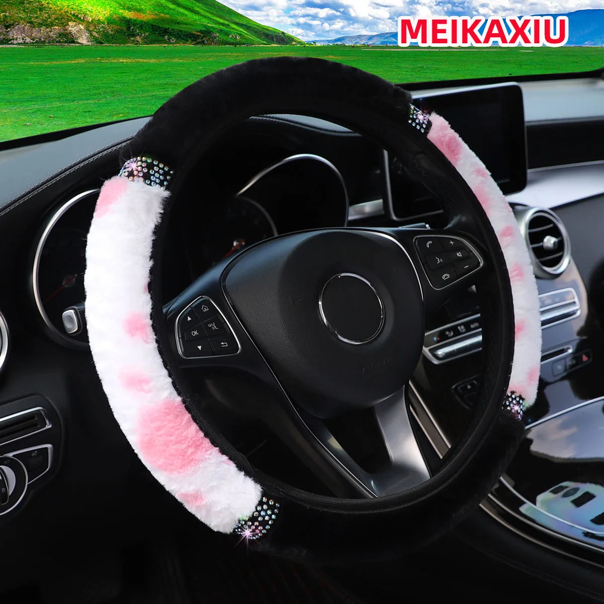 15" Bling Plush Cow Pattern Steering Wheel Cover Winter Warm Rhinestone Universal