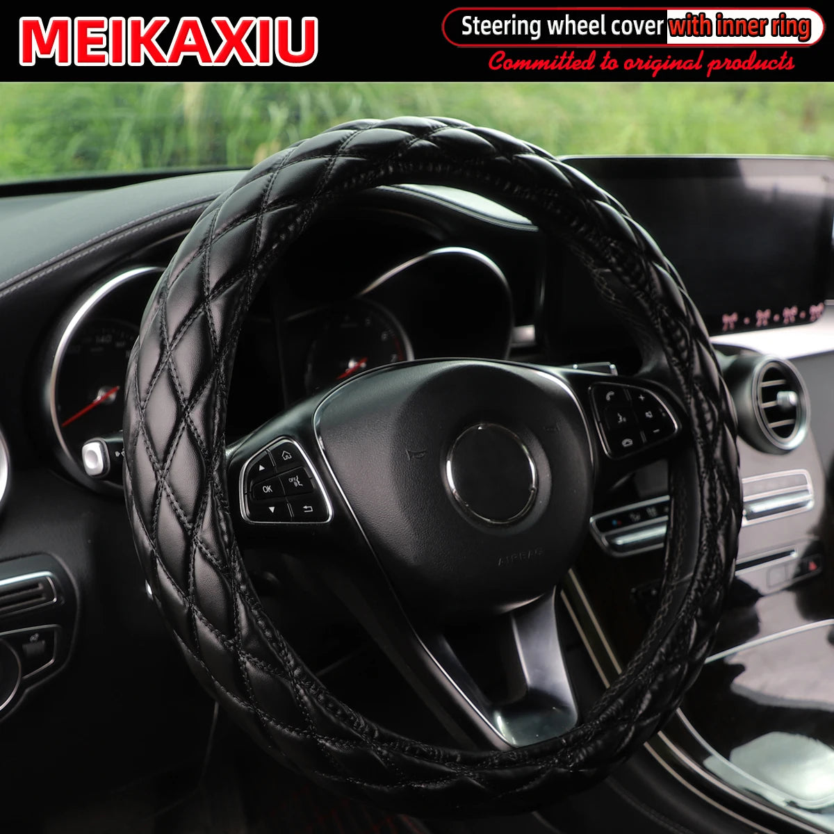 36–38cm Universal PU Leather Sheepskin Embroidered Steering Wheel Cover