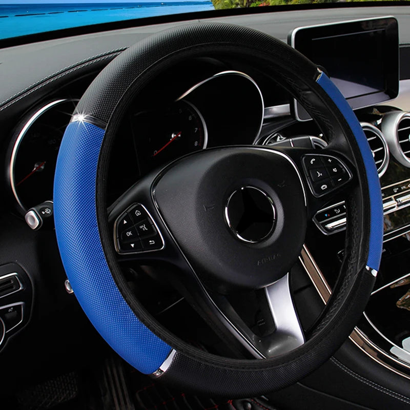 38CM Universal PU Leather Steering Wheel Cover with Sport Stripe Elastic Non-Slip