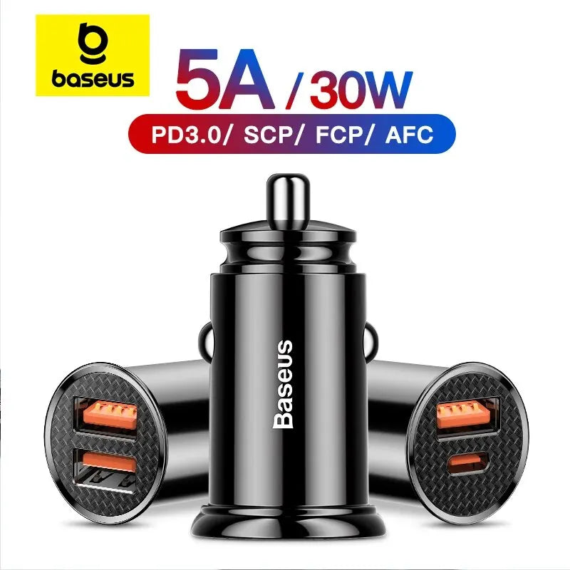 Baseus 30W USB Car Charger PD QC Fast Charge Adapter for iPhone Xiaomi