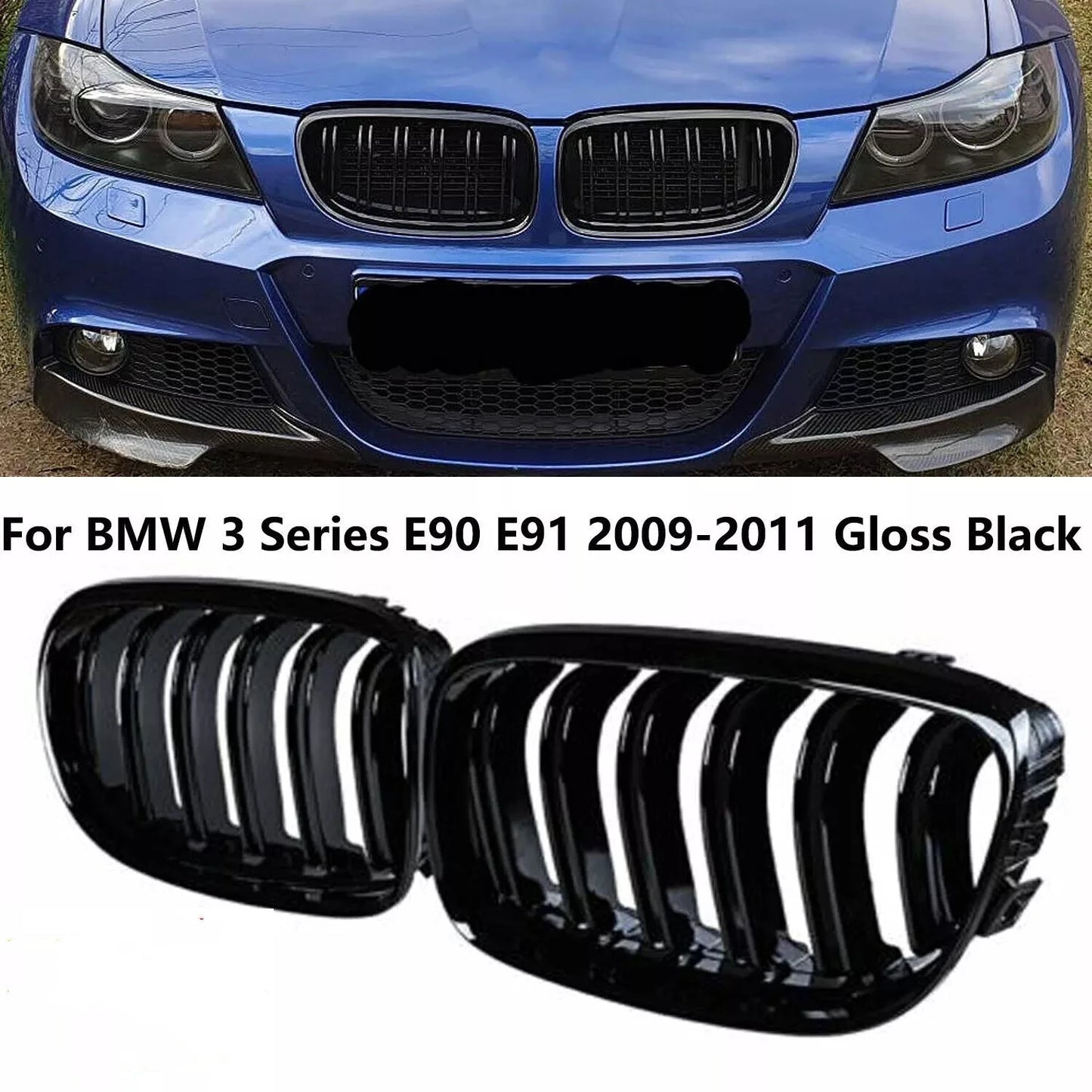 Gloss Black Double Slat Kidney Racing Grille for BMW E90 E91 3 Series LCI 2009–2013