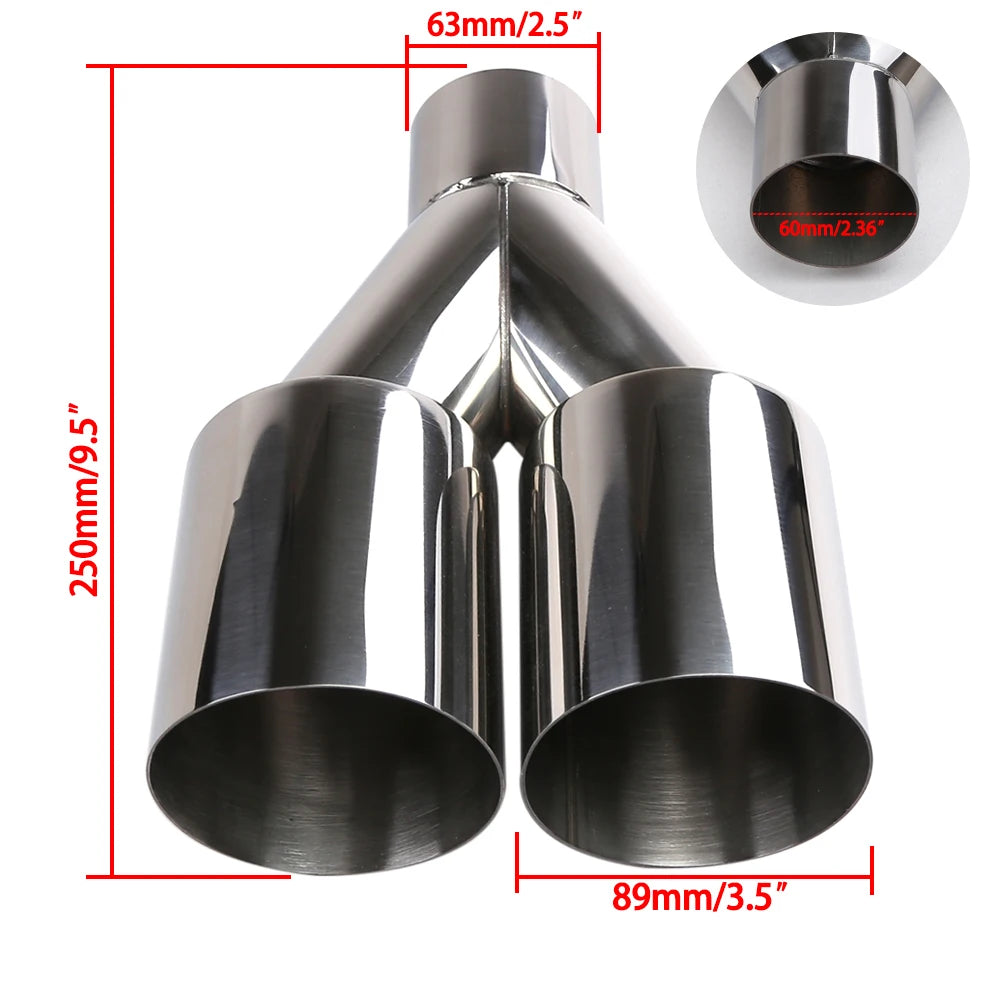 63mm Y Shape Dual Exhaust Tip Stainless Steel Double Outlet Muffler Pipe