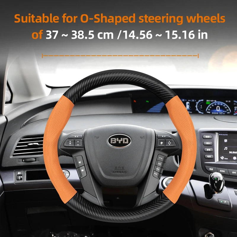 Leather Carbon Fiber Steering Wheel Cover for BYD Breathable Matte Universal Fit